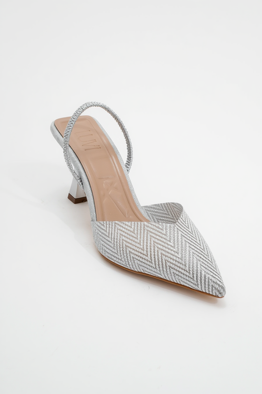 Renos - Zapatilla de tacón de punta plateada con purpurina (Mujer)