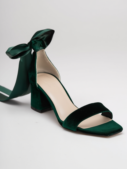 Athena - Sandalias de terciopelo verde con lazo