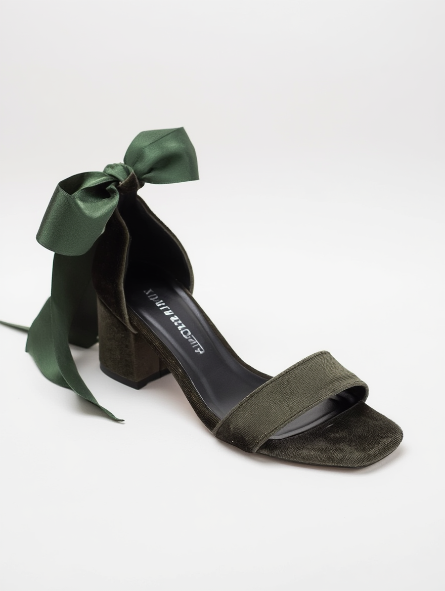 Athena - Sandalias de terciopelo verde oliva con cinta