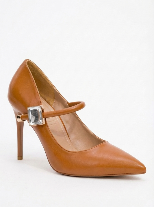 Pattaya - Zapato de tacón de aguja adornado con piedras, color coñac (Mujer)