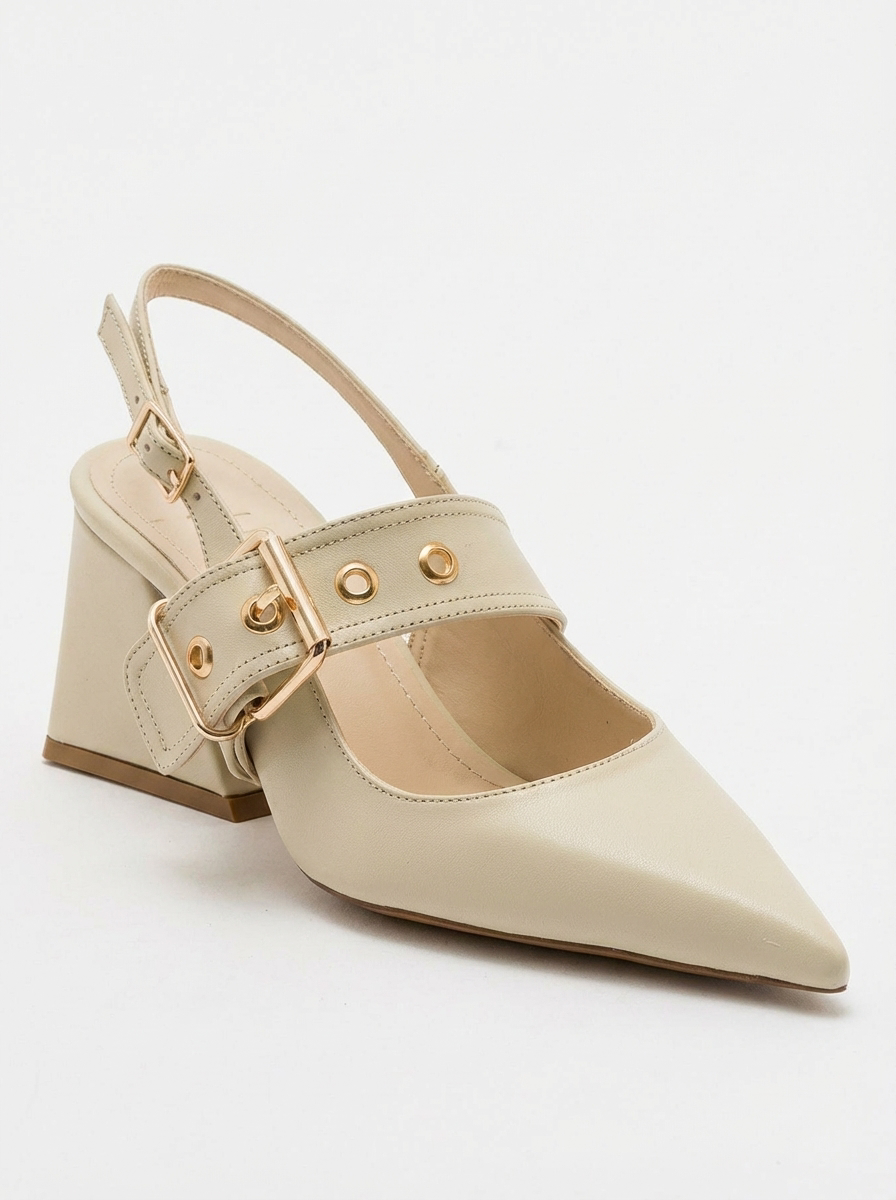 Nepido - Zapato de tacón de bloque con punta puntiaguda en blanco roto (Mujer)