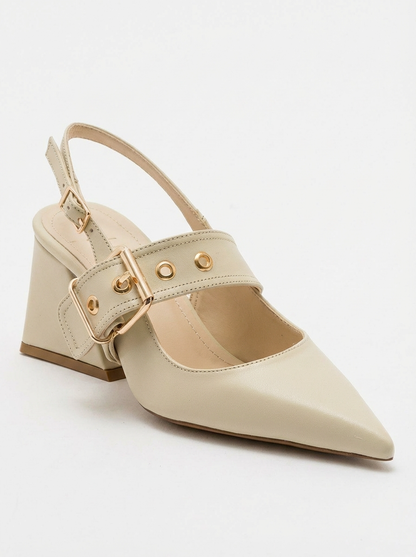 Nepido - Zapato de tacón de bloque con punta puntiaguda en blanco roto (Mujer)