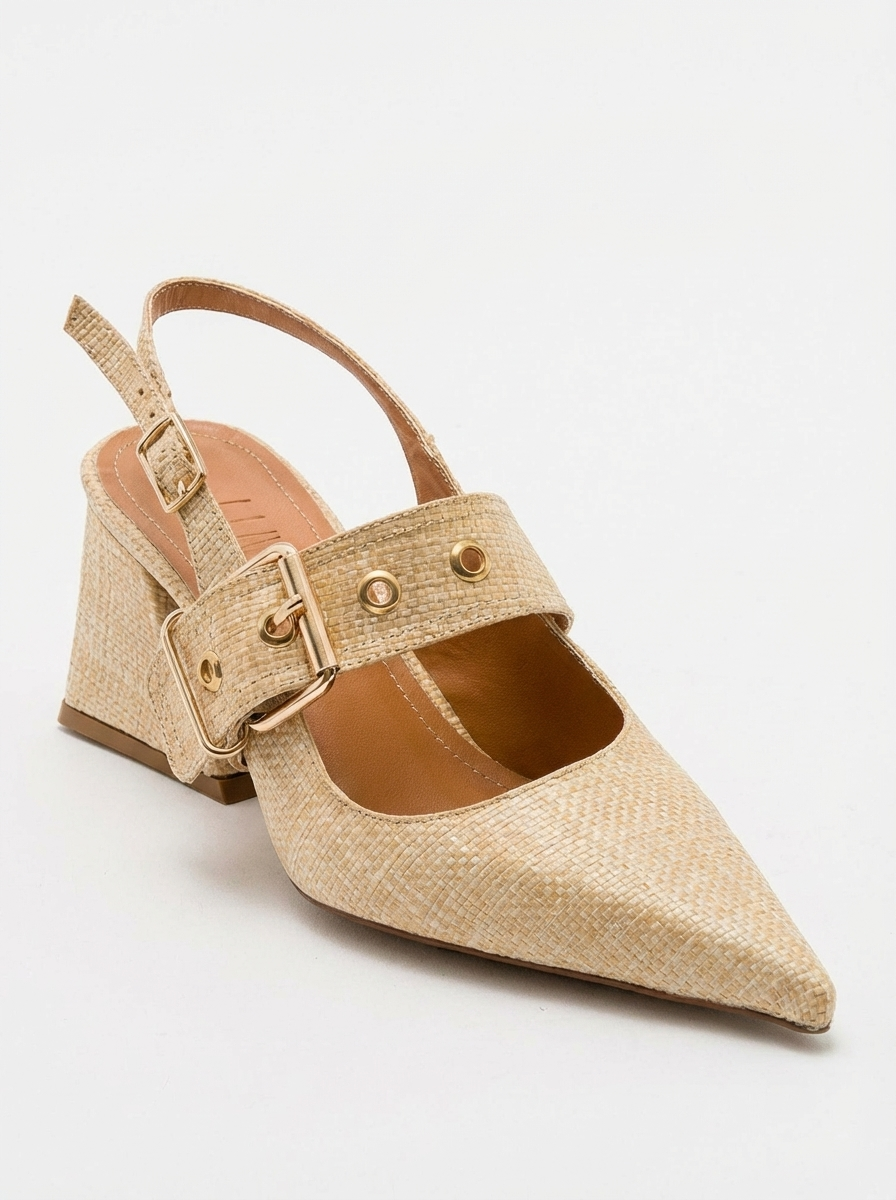 Nepido - Zapato de tacón de bloque con punta puntiaguda tejido beige (mujer)