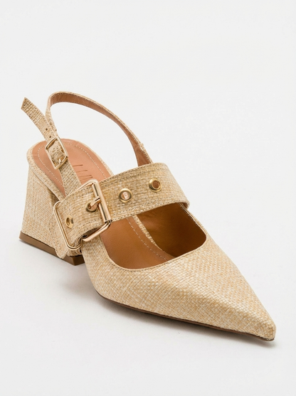 Nepido - Zapato de tacón de bloque con punta puntiaguda tejido beige (mujer)