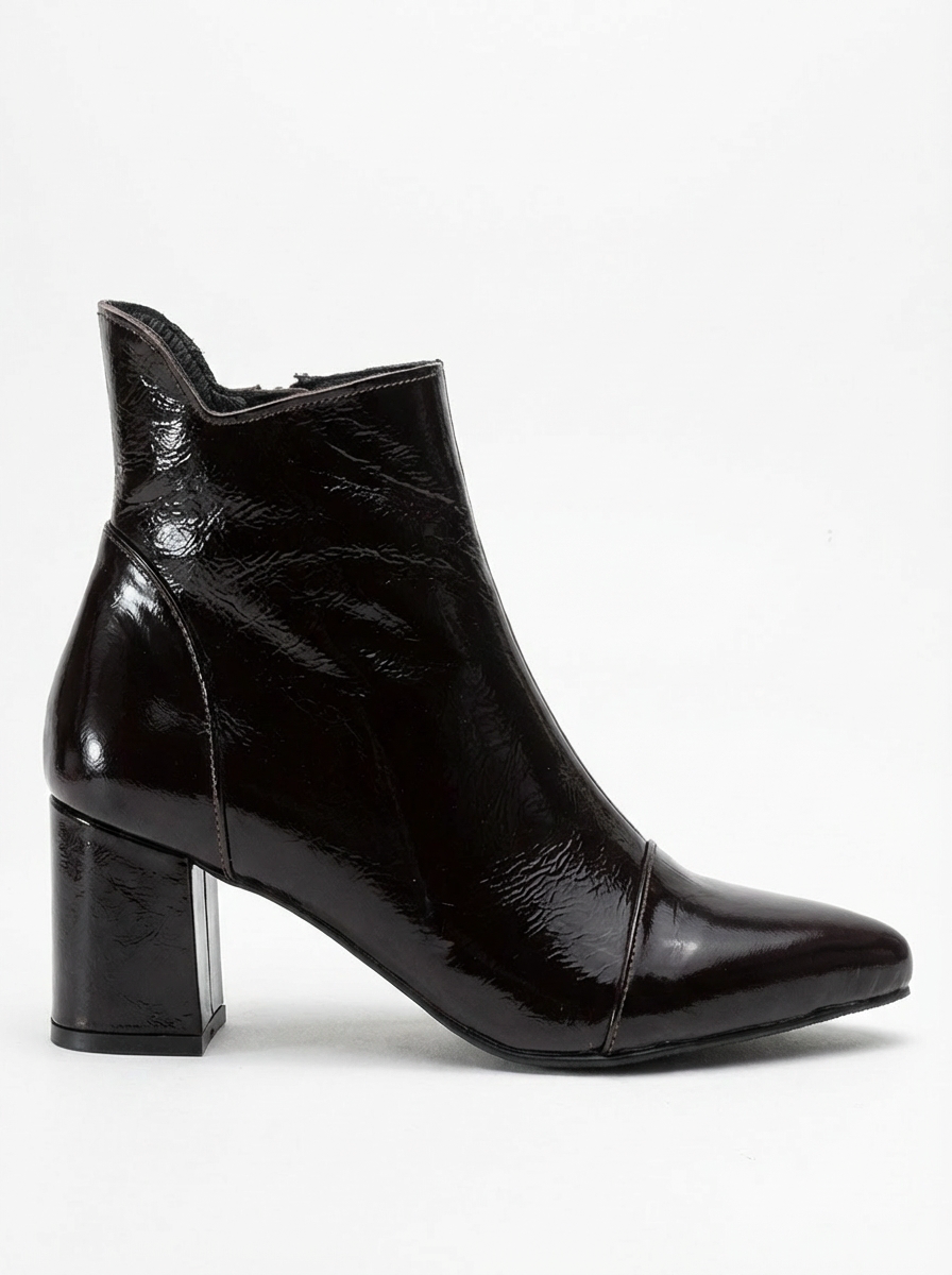 Gael - Bota de tacón de bloque de cuero acharolado marrón oscuro (mujer)