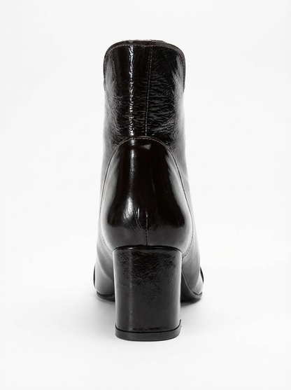 Gael - Bota de tacón de bloque de cuero acharolado marrón oscuro (mujer)