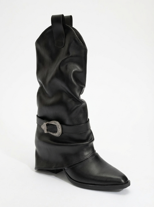 Okus - Black Buckle Block Heel Boot (Women)