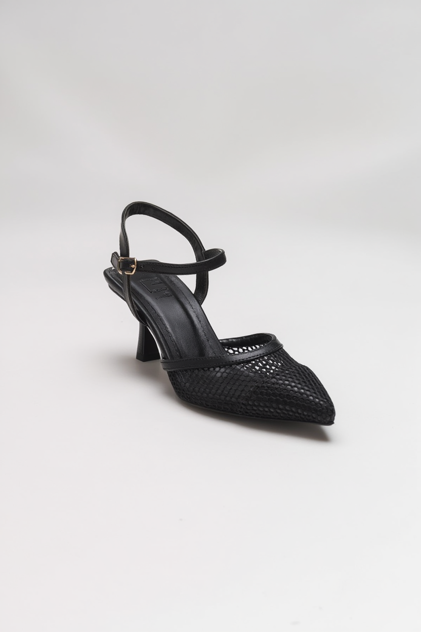 Chic - Zapatilla de tacón de malla negra con punta (Mujer)