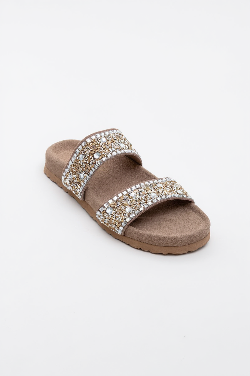 Jamie - Sandalia plana beige de piel con doble tira y pedrería (Mujer)