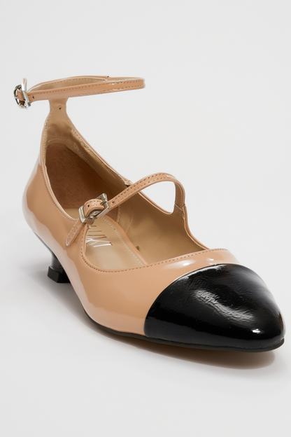 Uster - Zapatos Mary Jane de tacón bajo en charol beige oscuro y negro (mujer)