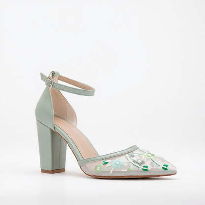 Lorraine - Zapatos de boda de encaje floral verde salvia
