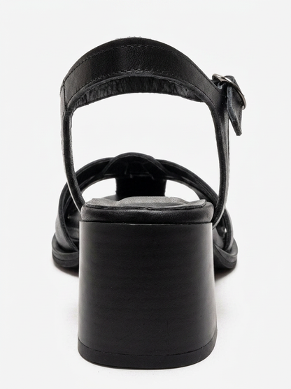 EVORA - Black Genuine Leather Block Heel Sandal (Women)