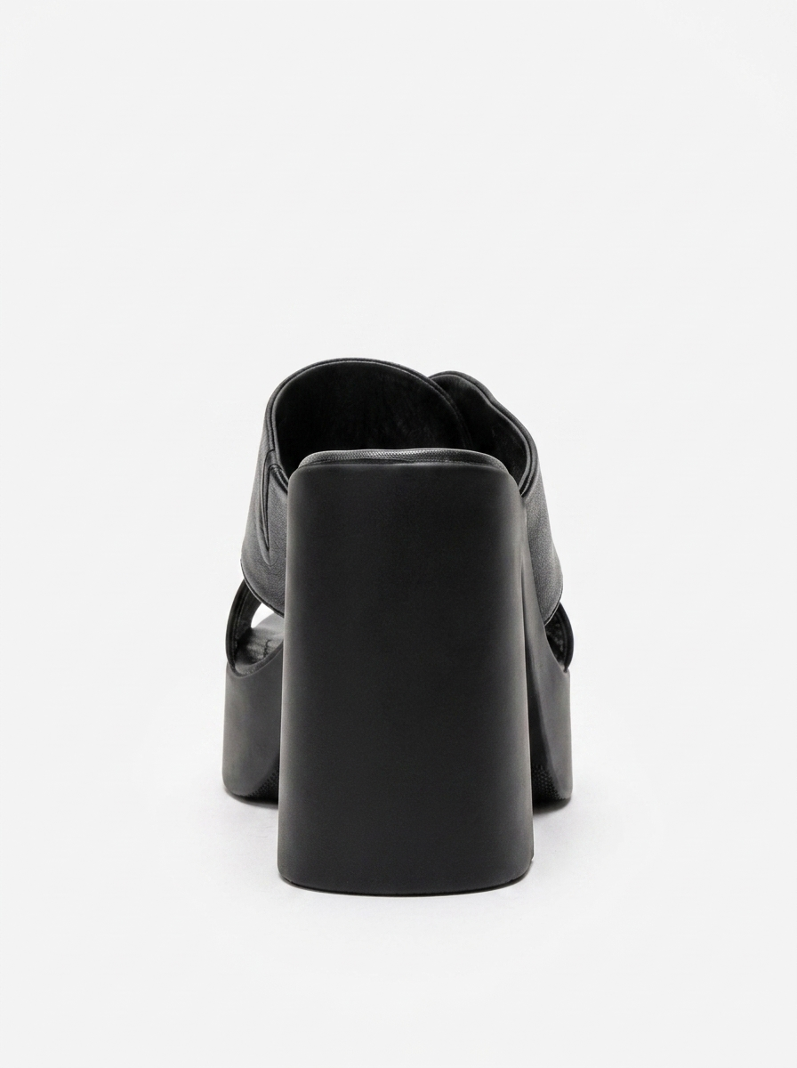 Essenza - Mules de tacón de bloque con plataforma de cuero genuino negro (Mujer)