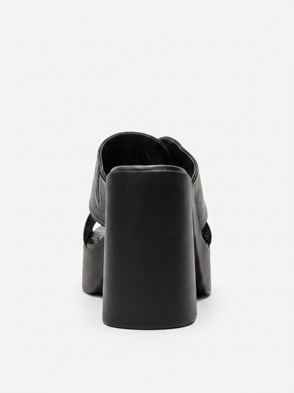 Essenza - Mules de tacón de bloque con plataforma de cuero genuino negro (Mujer)