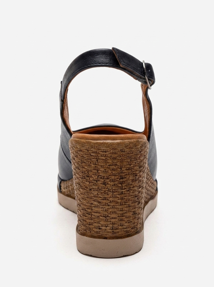 HELINA - Black Genuine Leather Wedge Sandal (Women)
