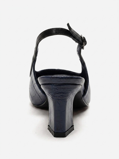 HILDA - Navy Printed Matte Cap Toe Block Heel Shoe (Women)