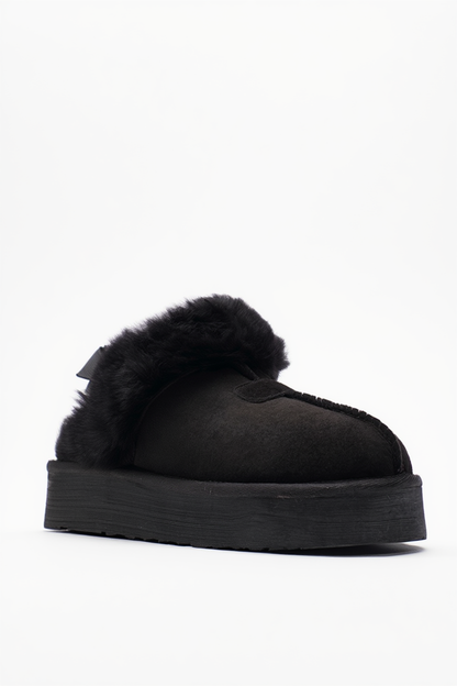 Olessa - Pantuflas de cuero genuino negro y gamuza con forro de piel (mujer)