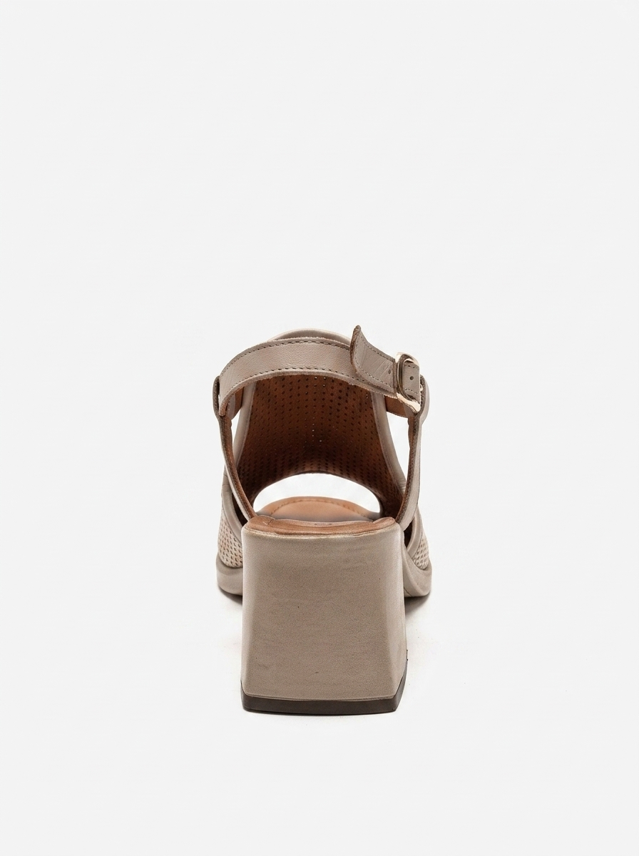 Janelle - Sandalia de Tacón Grueso de Cuero Genuino Beige (Mujer)