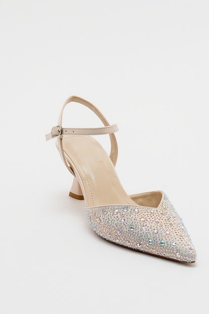 Vilka - Zapatos de tacón bajo con brillos beige y talón abierto