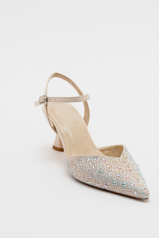 Vilka - Zapatos de tacón bajo con brillos beige y talón abierto