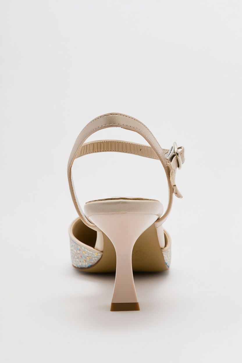 Vilka - Zapatos de tacón bajo con brillos beige y talón abierto
