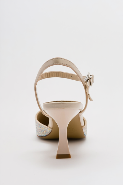 Vilka - Zapatos de tacón bajo con brillos beige y talón abierto