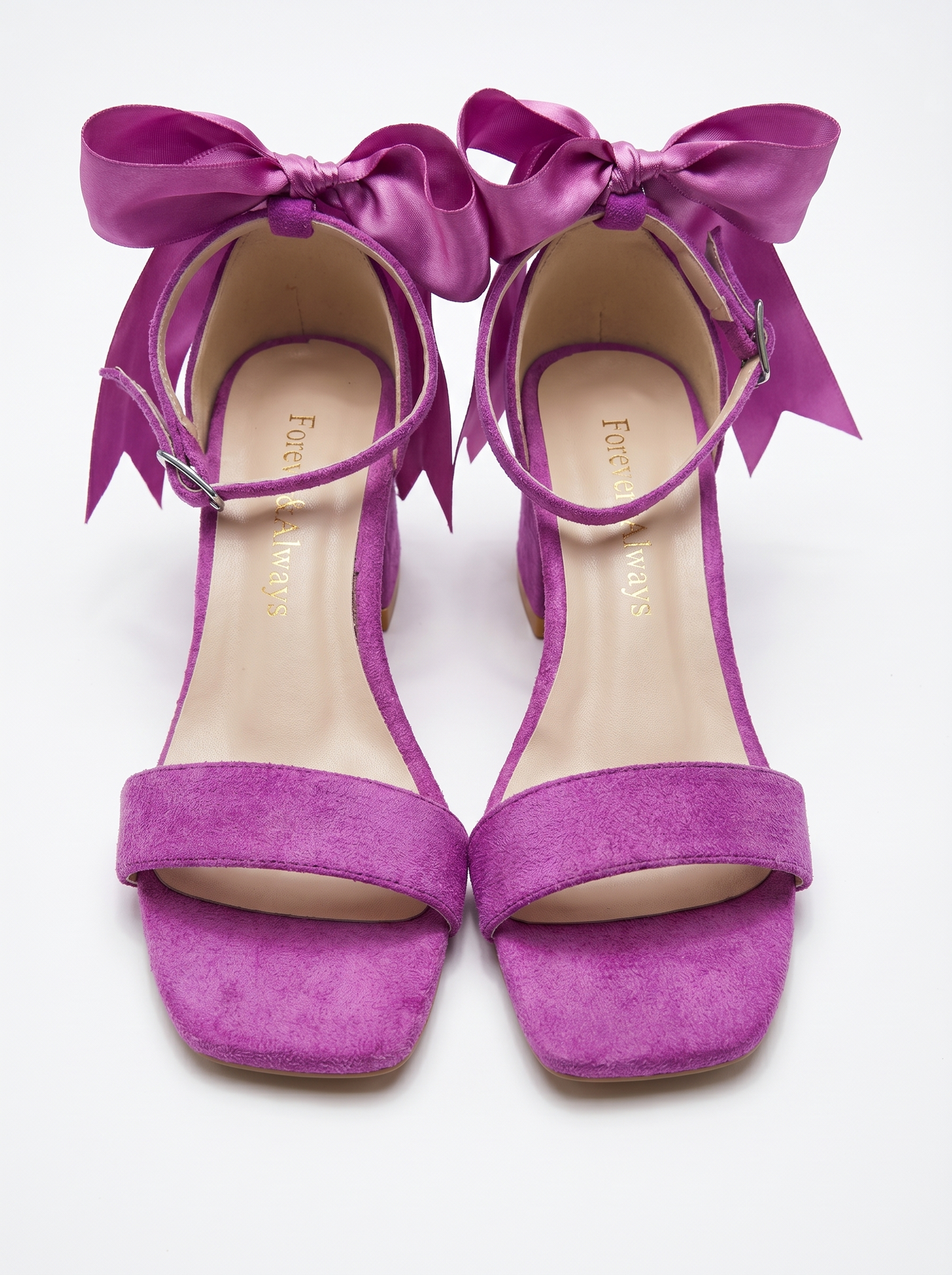 Rochelle Fuchsia Suede Satin Ribbon Ankle Strap Block Heel Sandal