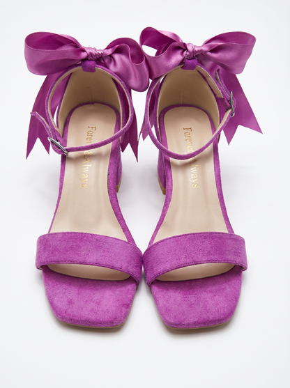 Rochelle Fuchsia Suede Satin Ribbon Ankle Strap Block Heel Sandal