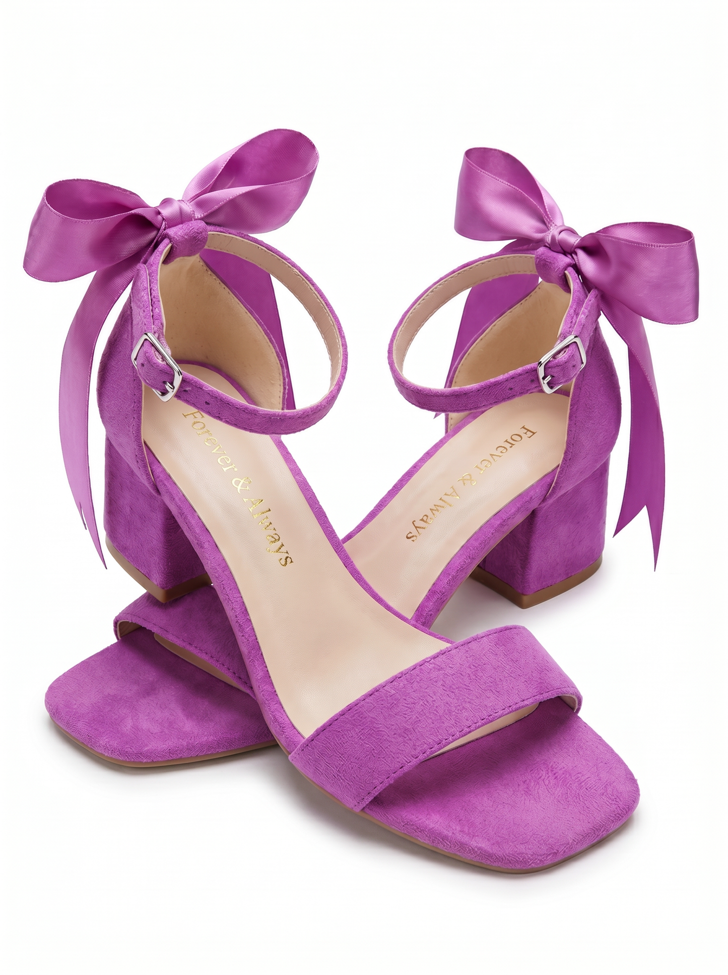Rochelle Fuchsia Suede Satin Ribbon Ankle Strap Block Heel Sandal