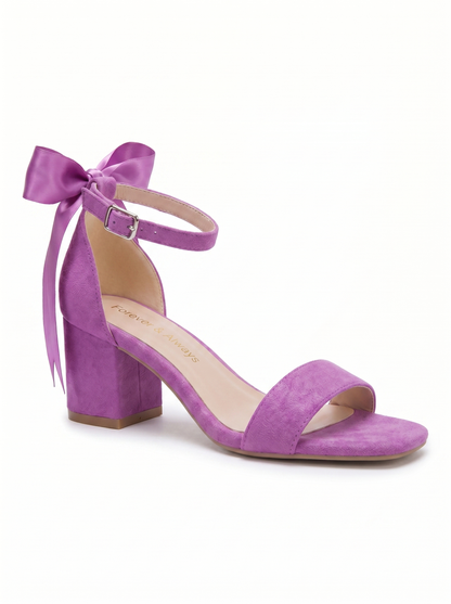 Rochelle Fuchsia Suede Satin Ribbon Ankle Strap Block Heel Sandal
