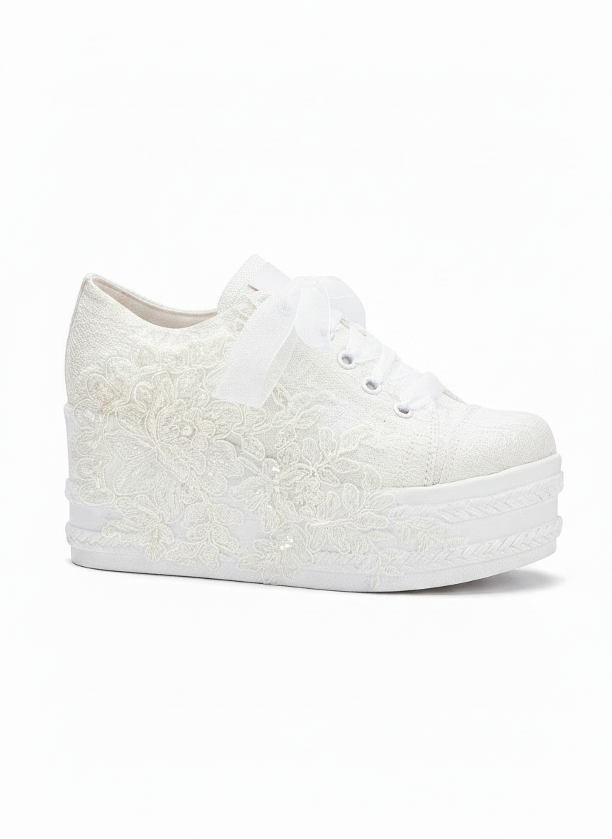 Claudine - Zapatillas de cuña alta de encaje color marfil para boda