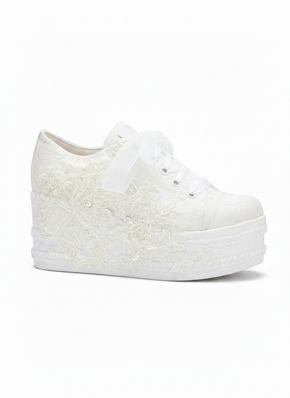 Claudine - Zapatillas de cuña alta de encaje color marfil para boda