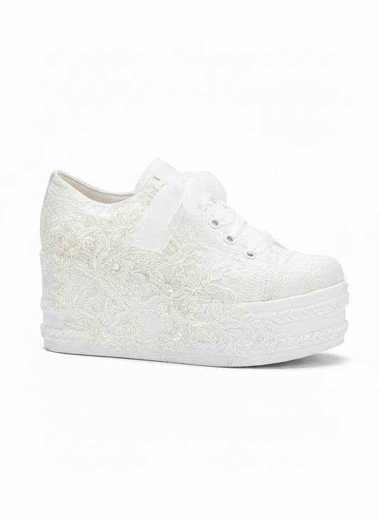 Claudine - Zapatillas de cuña alta de encaje color marfil para boda