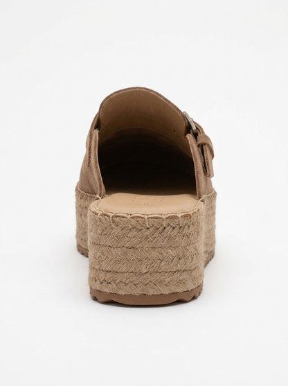 Novas - Mules de esparto de plataforma en gamuza color coñac (mujer)