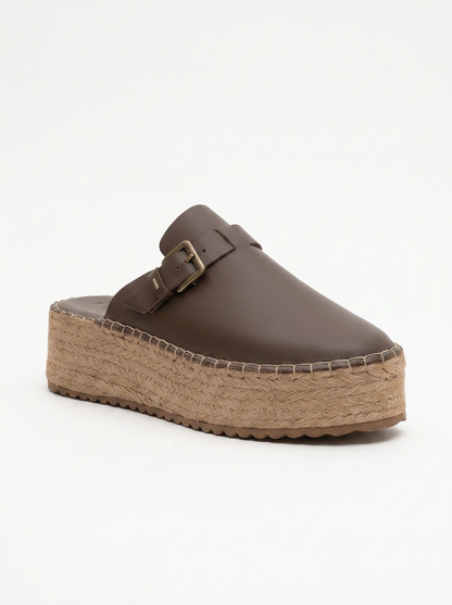 Novas - Mules de esparto con plataforma de cuero marrón (Mujer)