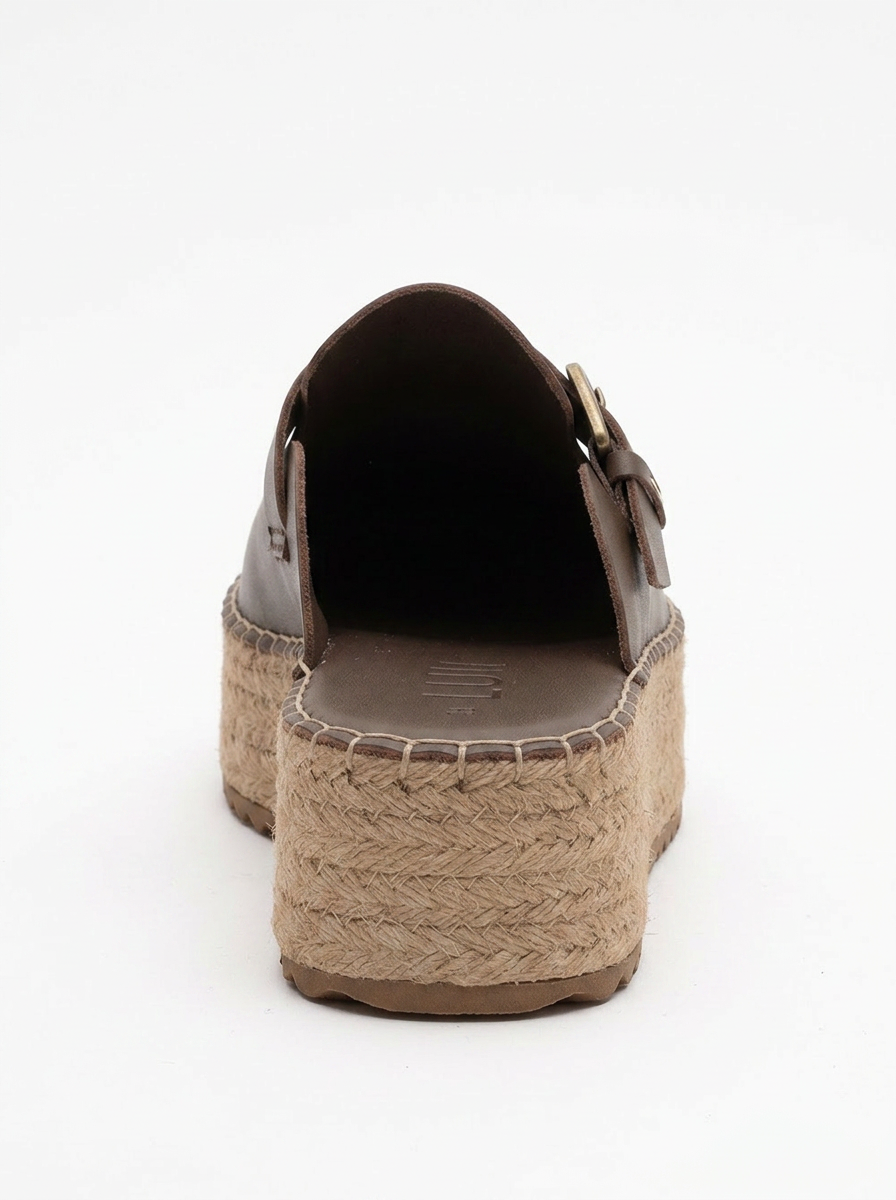 Novas - Mules de esparto con plataforma de cuero marrón (Mujer)