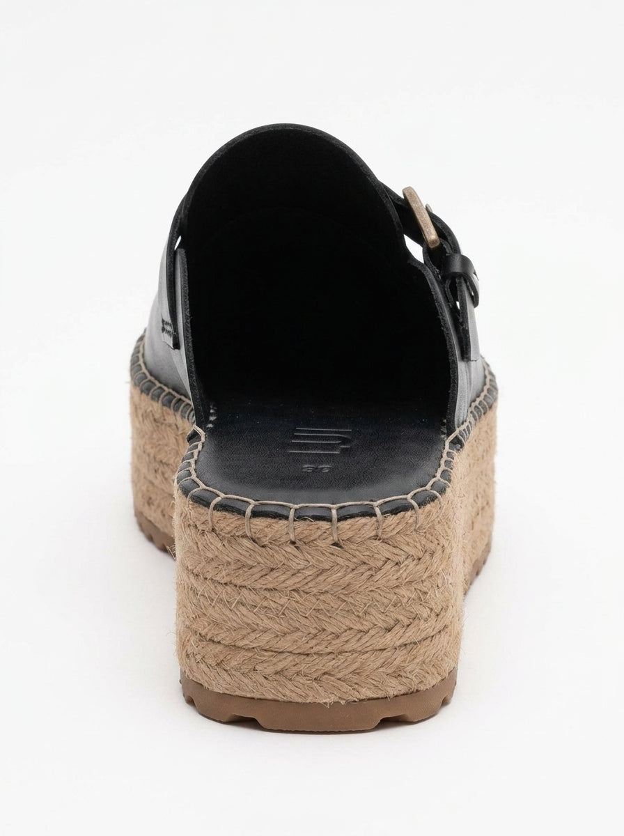 Novas - Mule de esparto con plataforma y cuero negro (Mujer)