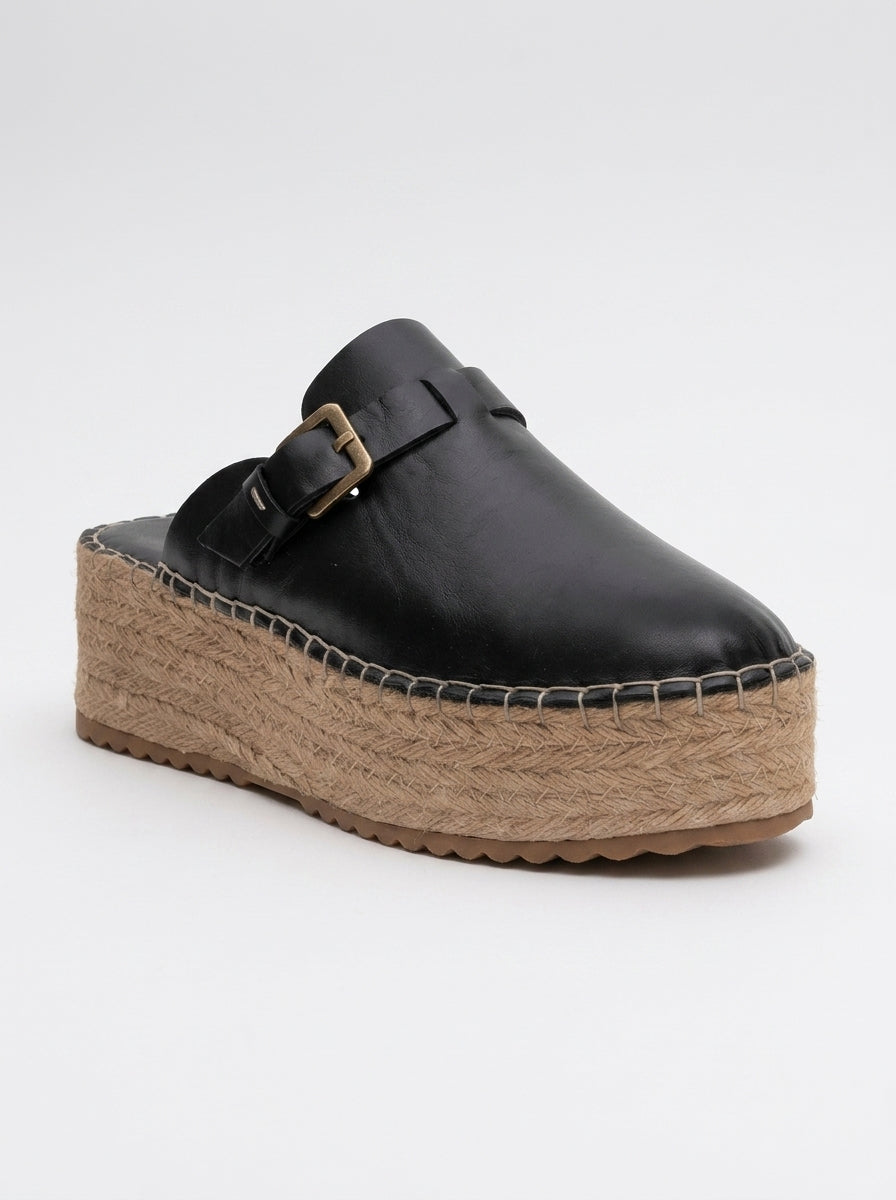 Novas - Mule de esparto con plataforma y cuero negro (Mujer)