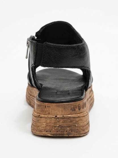 Sandalia Lunas de cuero negro con cremallera lateral y tacón plano (Mujer)