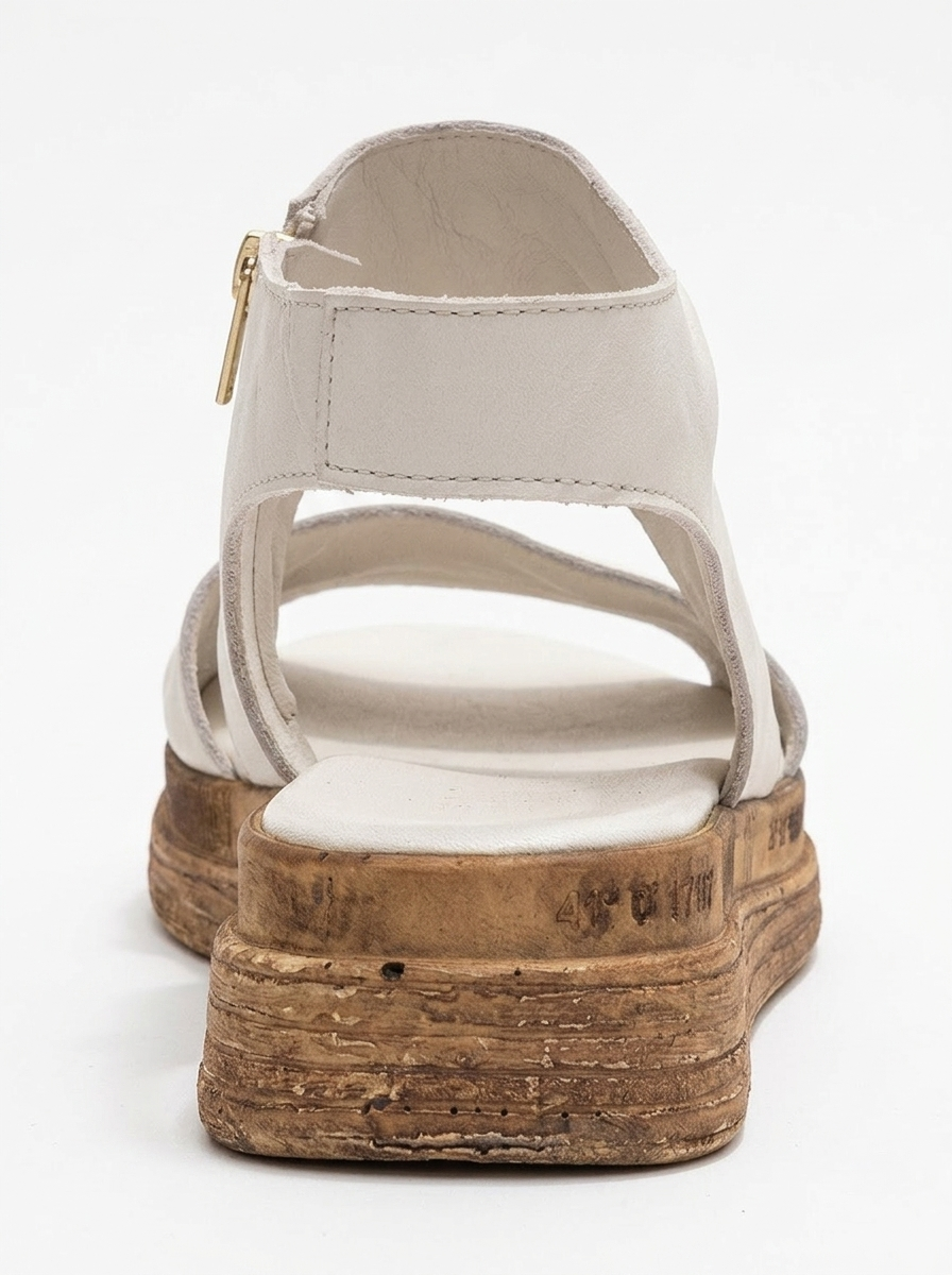 Sandalia plana Lunas de cuero color crema con cremallera lateral (Mujer)