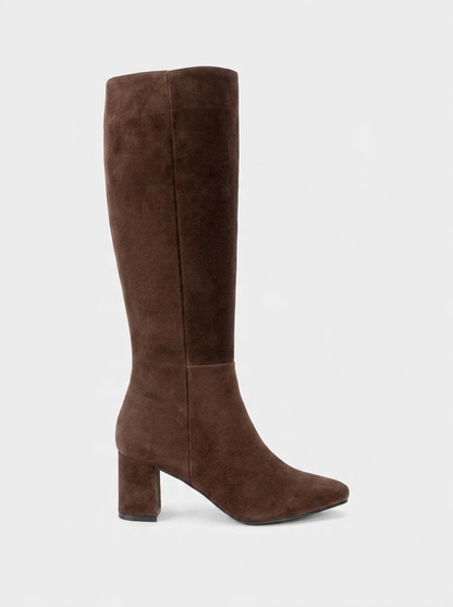 Sejas - Bota alta de tacón de bloque de cuero de gamuza marrón (Mujer)