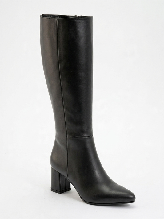 Sejas - Bota alta de cuero negro con tacón de bloque (Mujer)