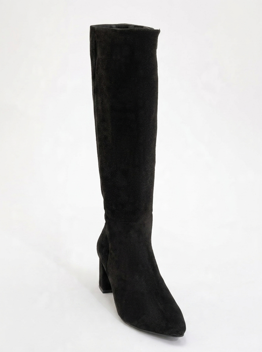 Sejas - Bota alta de tacón de bloque de cuero de gamuza negra (Mujer)