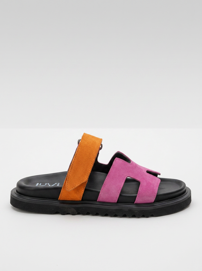 Morte - Sandalia Deslizante de Cuero Ante Fucsia Naranja (Mujer)