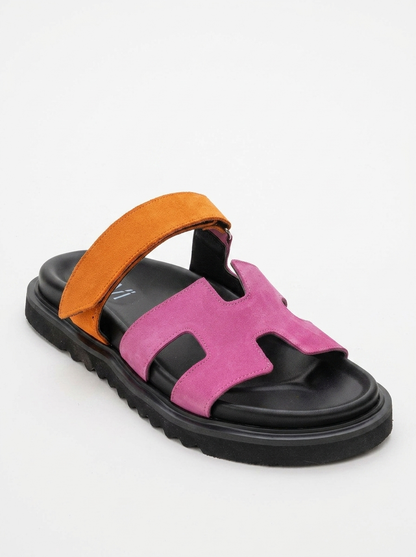 Morte - Sandalia Deslizante de Cuero Ante Fucsia Naranja (Mujer)