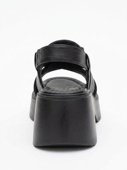 Lucia - Black Leather Buckle Platform Sandal (Women)