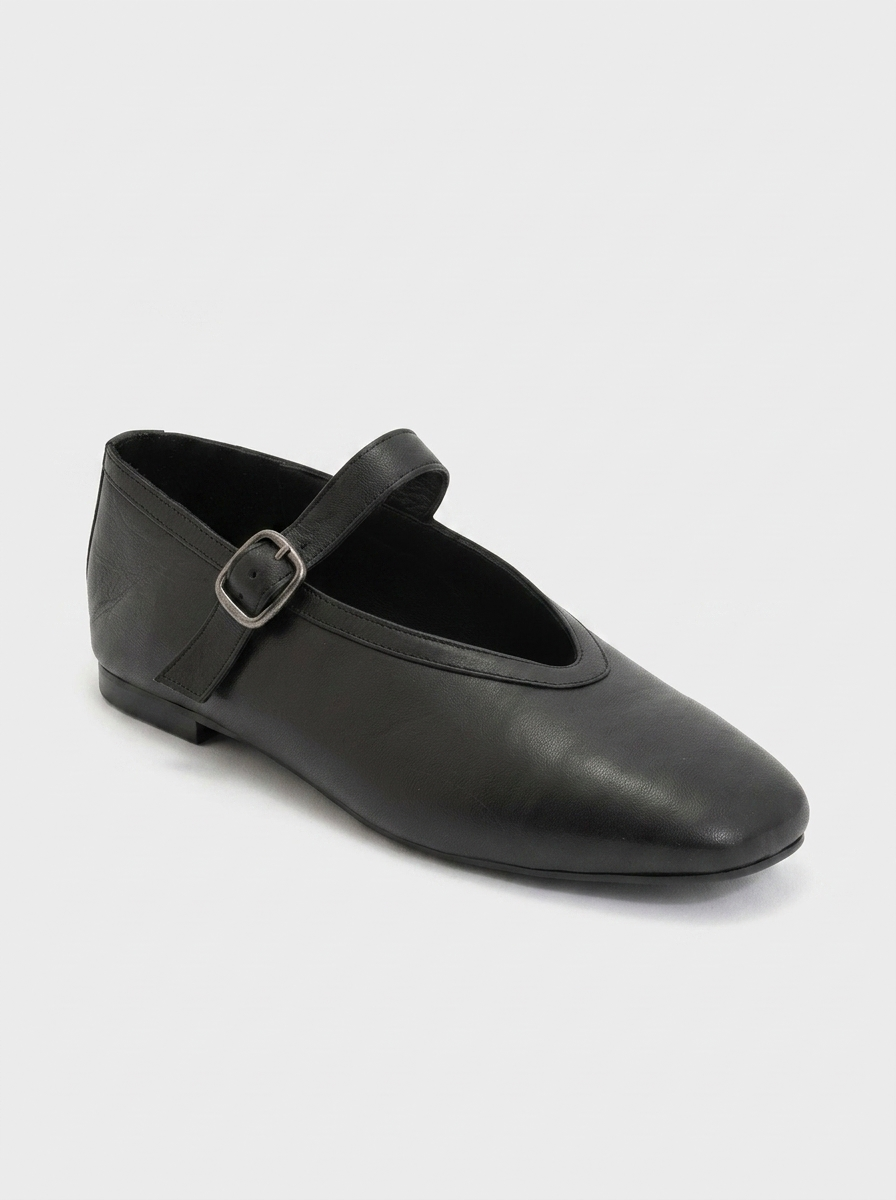 Matilda - Black Leather Mary Jane Flats