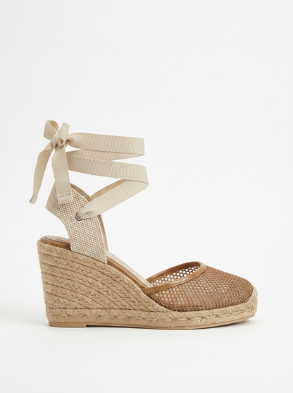 Lions - Cognac Brown Mesh Leather Wedge Espadrilles Sandal (Women)