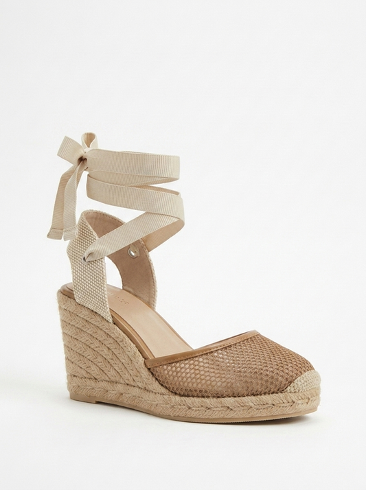 Lions - Cognac Brown Mesh Leather Wedge Espadrilles Sandal (Women)