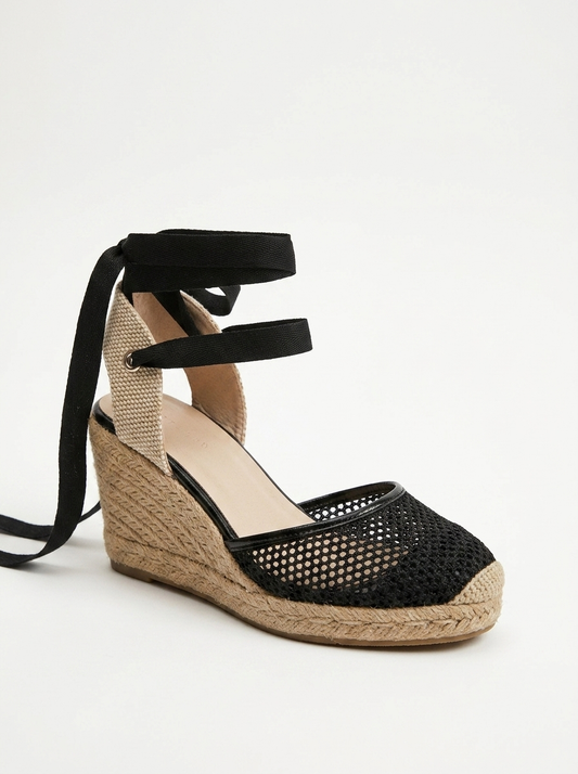 Lions - Black Mesh Leather Wedge Espadrilles Sandal (Women)